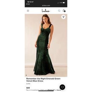 Lulu’s Remember the Night Emerald Green Velvet Maxi Dress, Size XL, NWT